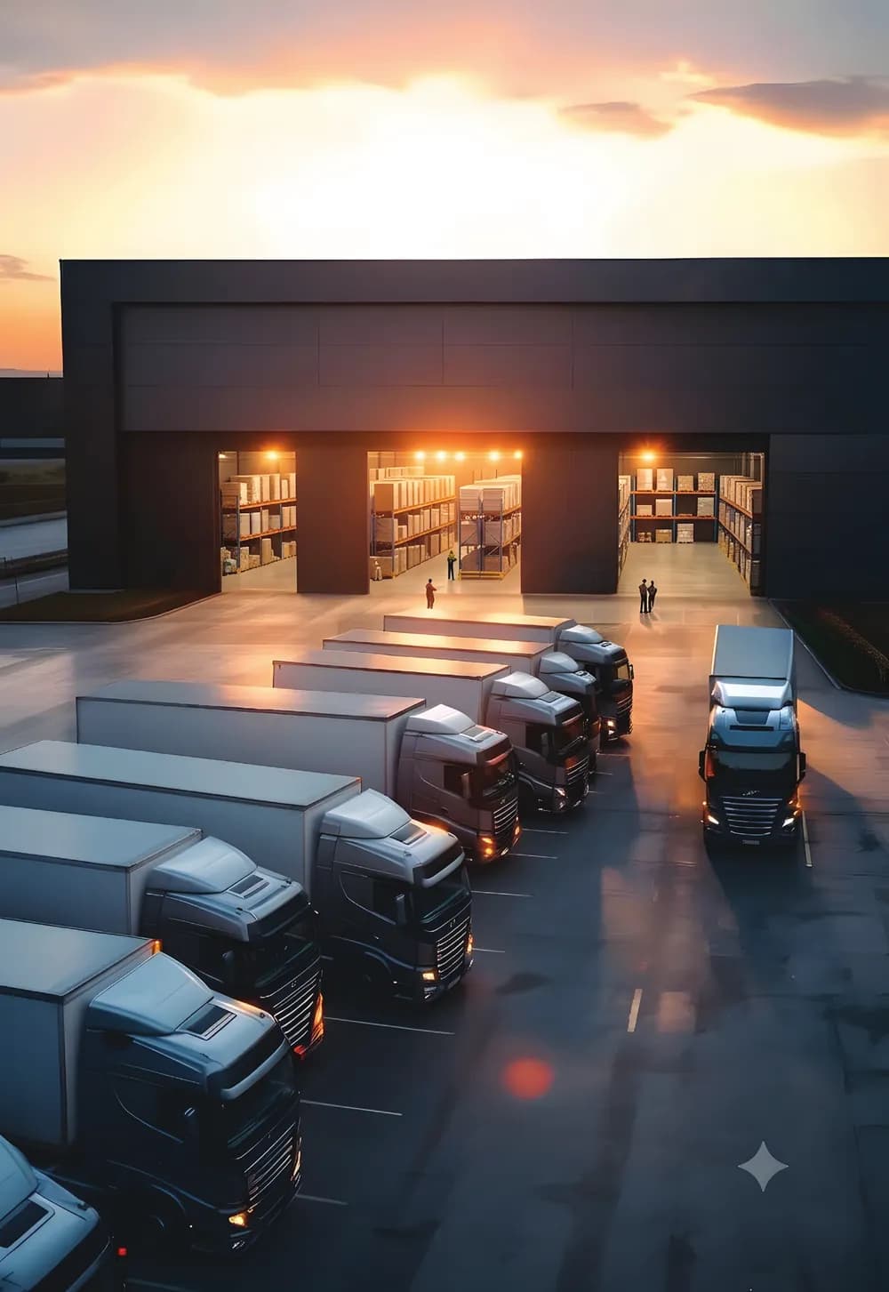 Đội xe container tại trung tâm phân phối