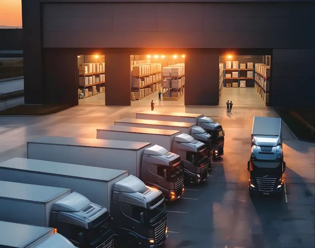 Đội xe tải tại kho vận hành ban đêm