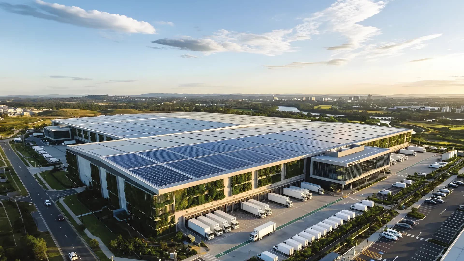 Trung tâm logistics với mái điện mặt trời và tường cây xanh