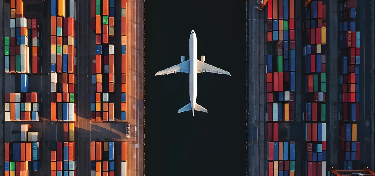 Máy bay giữa các bãi container nhìn từ trên cao