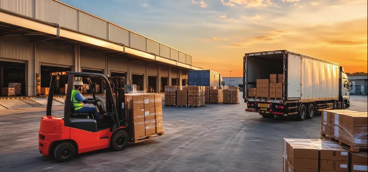 Xe nâng bốc dỡ hàng tại sân kho lúc hoàng hôn