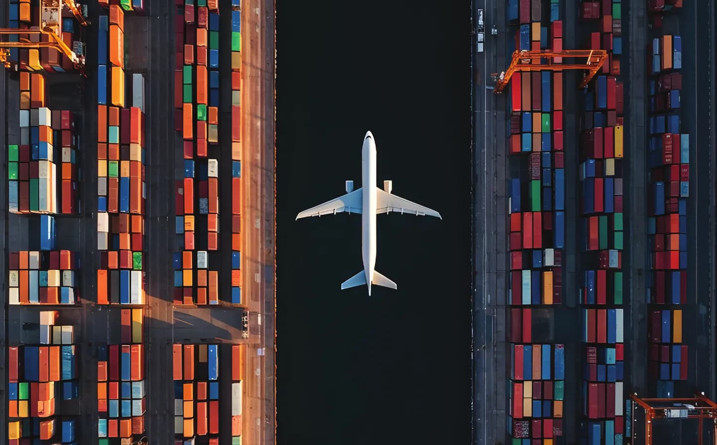 Máy bay trên đường băng giữa hai bãi container